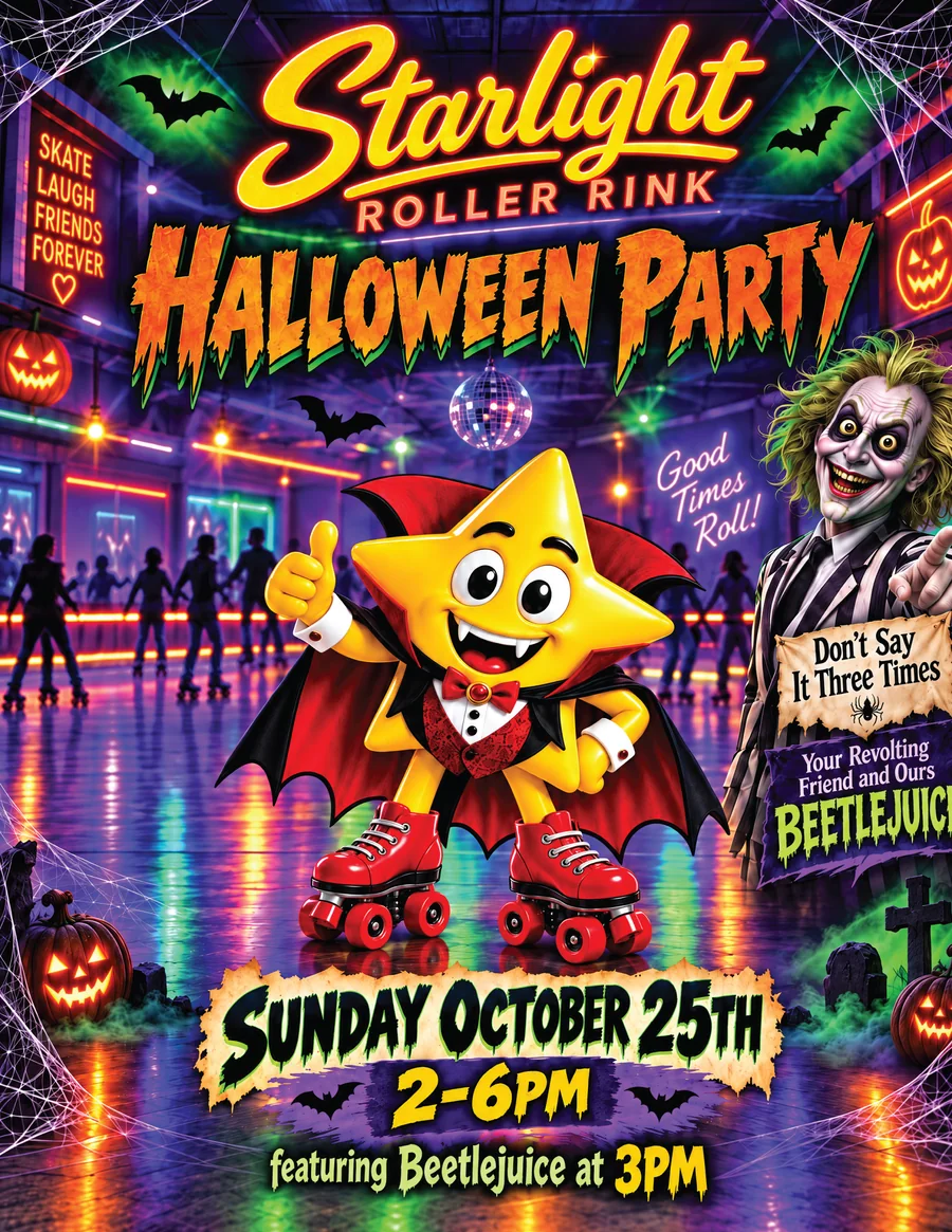 Starlight Roller Rink Halloween Party flyer: Sunday, October 25, 2–6 PM, featuring Beetlejuice at 3 PM