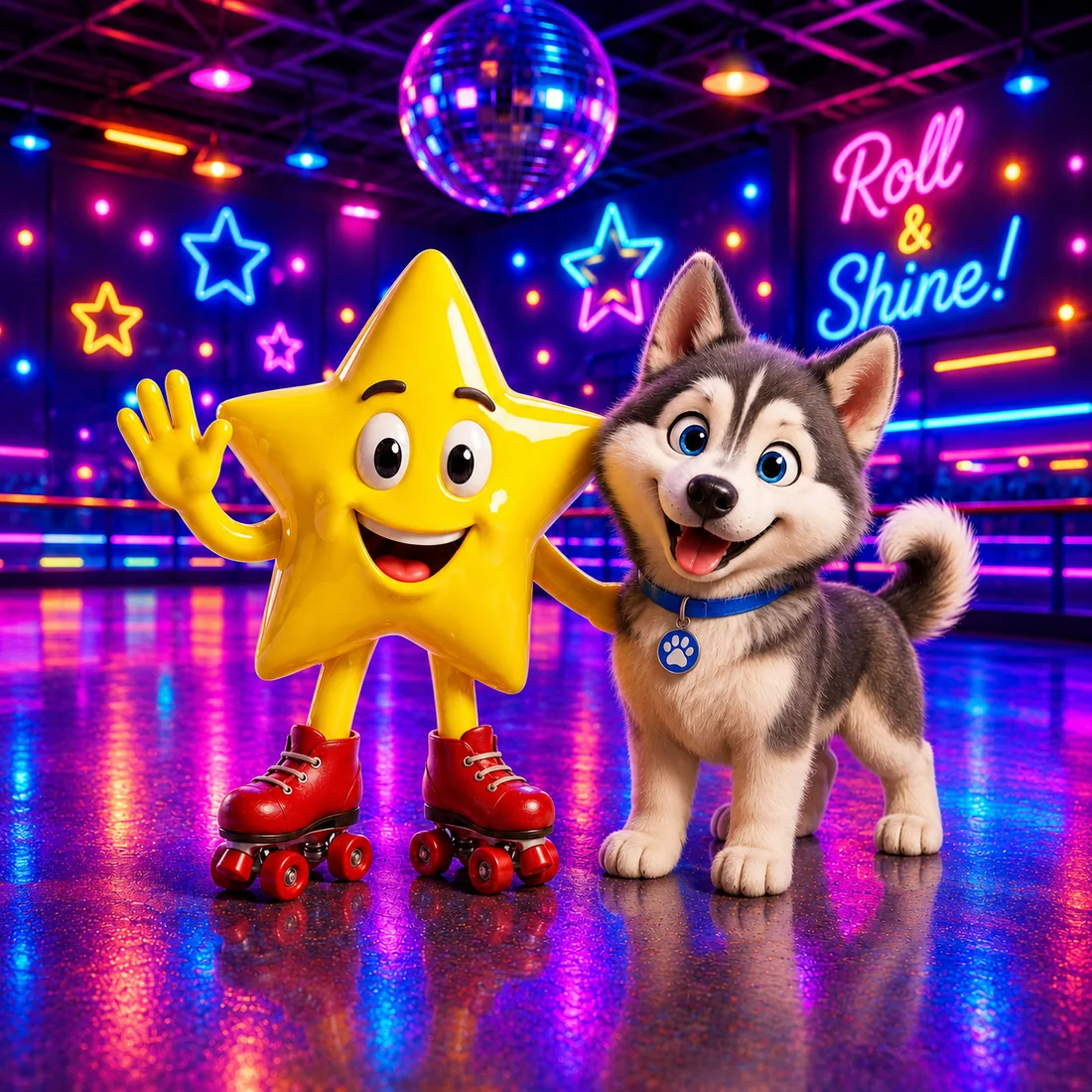 Starlight's star mascot waving on a glowing roller rink floor under a disco ball