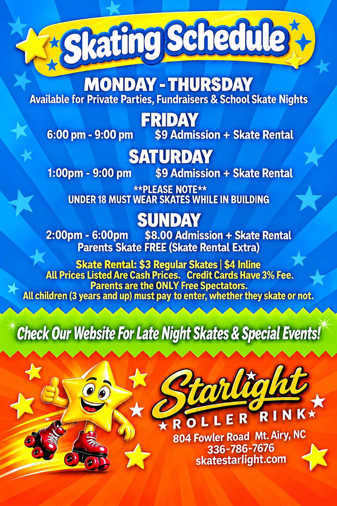 Starlight Roller Rink skating schedule flyer with hours and prices