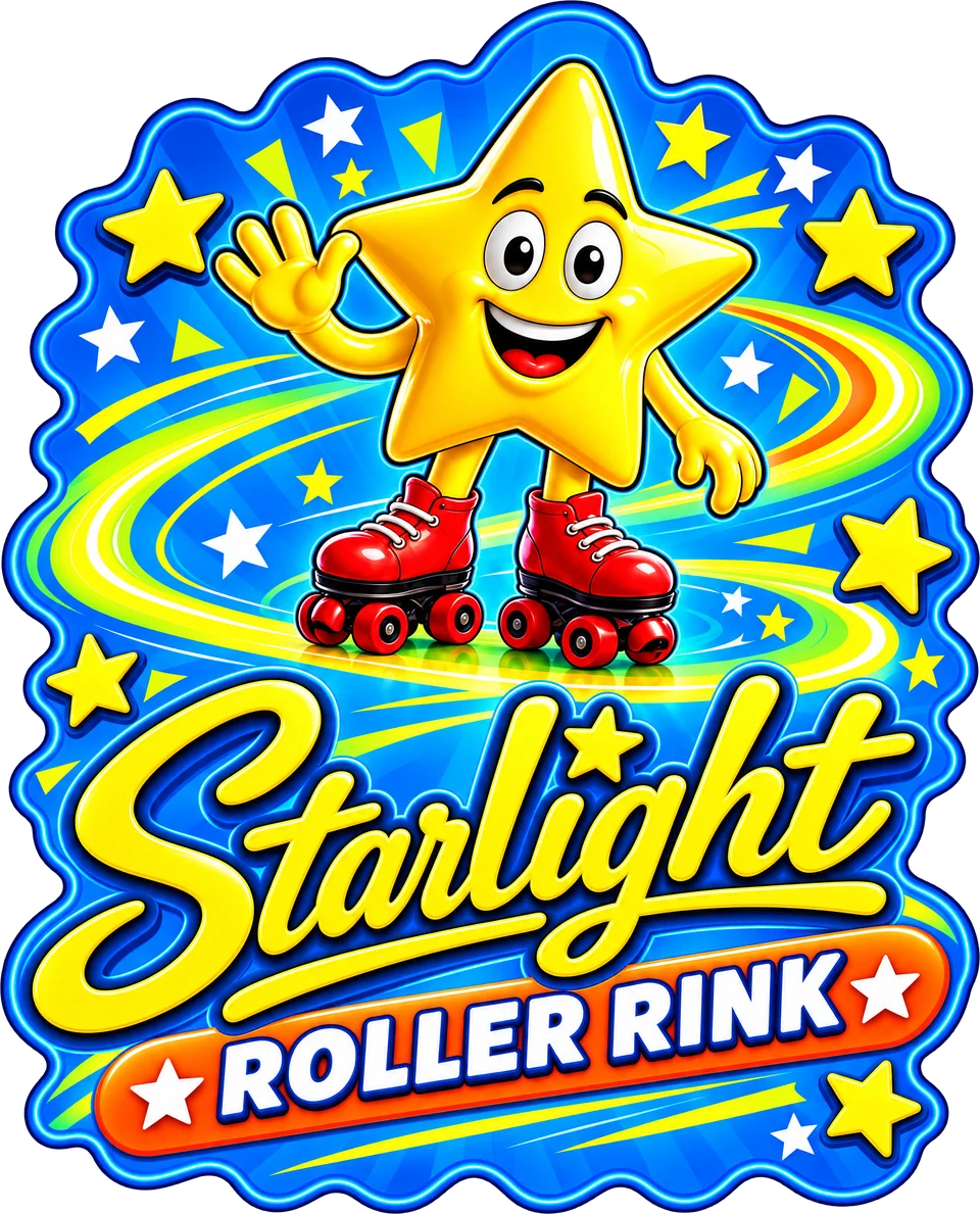 Starlight Roller Rink logo with the waving star mascot on red roller skates